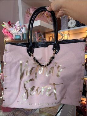 Victoria's Secret Pink Tote with Black Handles and Gold Script